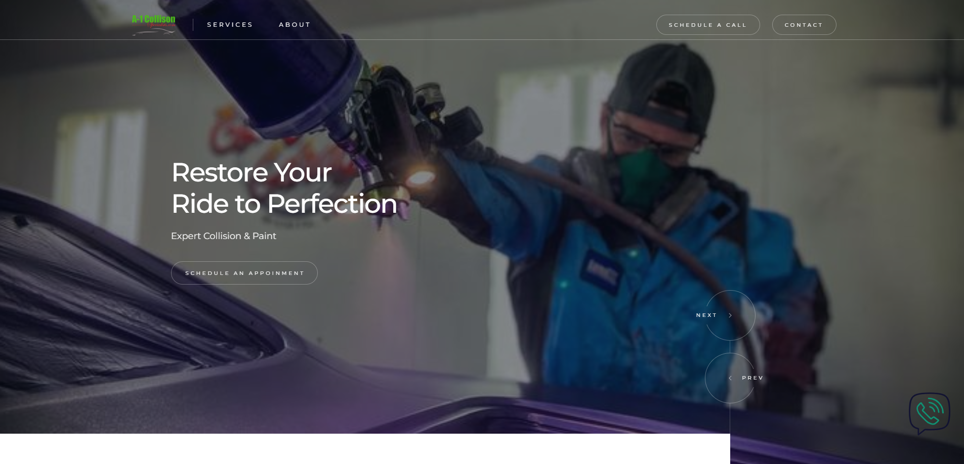 Professional website for A1 Collision Specialists, featuring Webflow-based design and responsive pages highlighting auto repair services.
